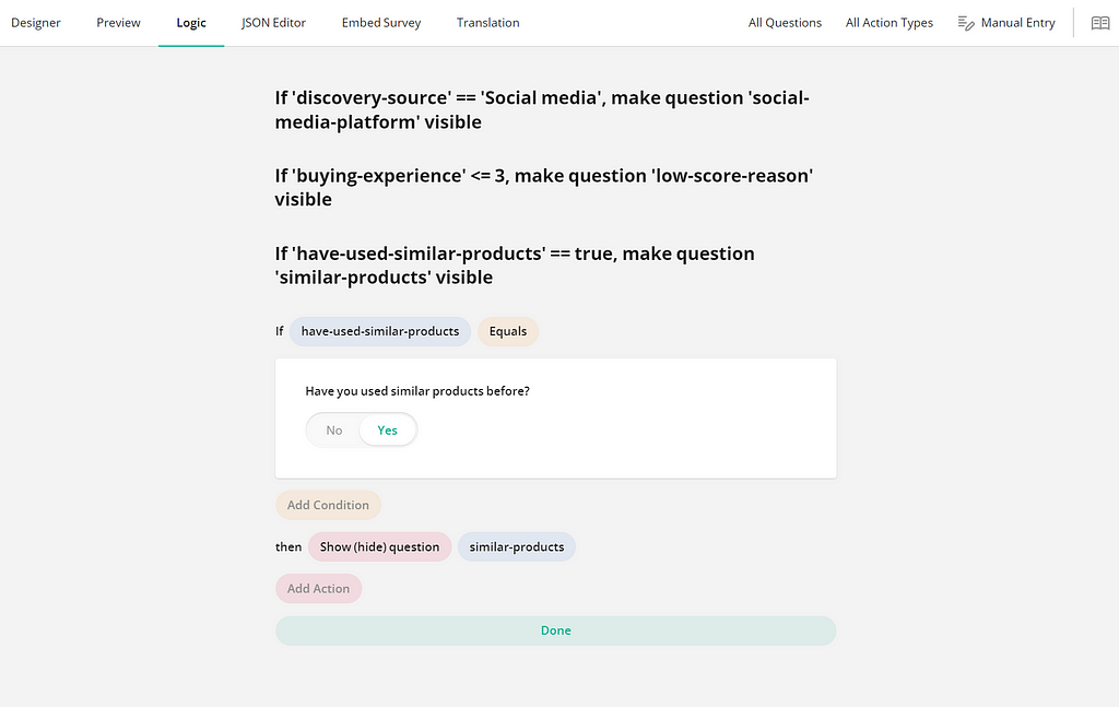 How to configure conditional logic and branching in survey forms — SurveyJS