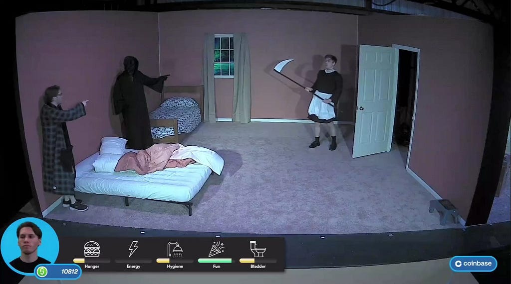 Jerma985, and death are to the left side of the room on standing on each side of the bed. Ludwig(as a maid) enters room from the right with deaths scythe