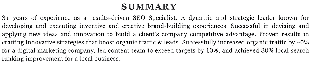 professional resume summary sample for a search engine optimization specialist
