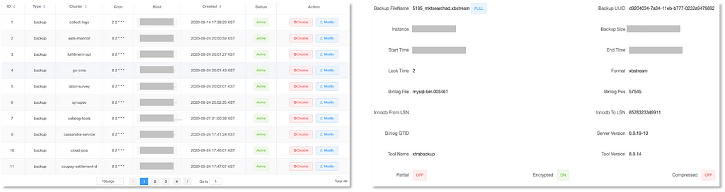 Coupang backup scheduler (left), backup task detail page (right)