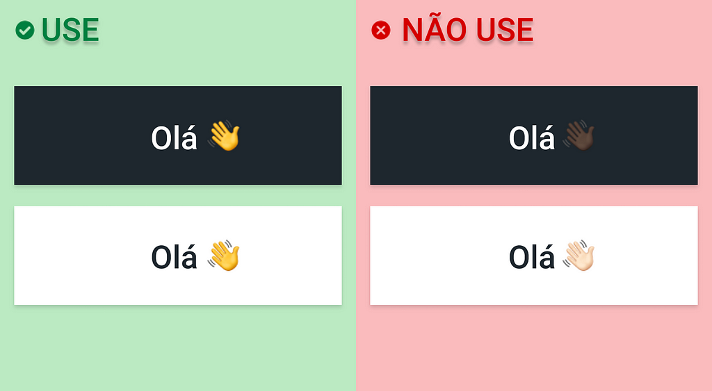 Imagem dividida ao meio, verticalmente, entre uma parte verde, à esquerda, com o título “Use”. Nessa parte, há dois botões com a palavra “Olá 👋”, mas em um deles tem fundo claro e outro, escuro. Do lado direito, há uma parte vermelha com o título “Não use” e, abaixo, há dois botões com a palavra “Olá 👋”, mas em um deles, a pele da mão é clara sobre um fundo branco. No outro, a pele é escura e está sobre um fundo preto.