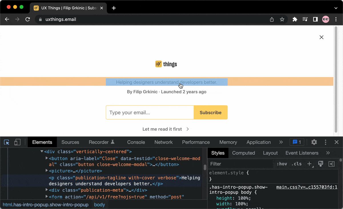 Gif showcasing how to make text changes on the page in DevTools