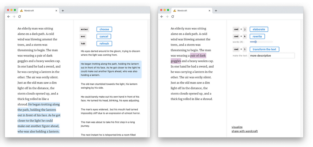 A screenshot of Wordcraft. Two side-by-side windows show the UI of Wordcraft.