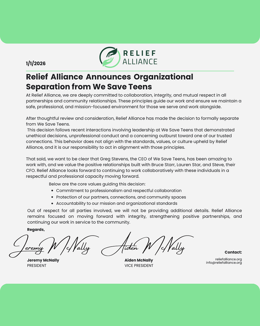 Relief Alliance Announces Organizational Separation from We Save Teens