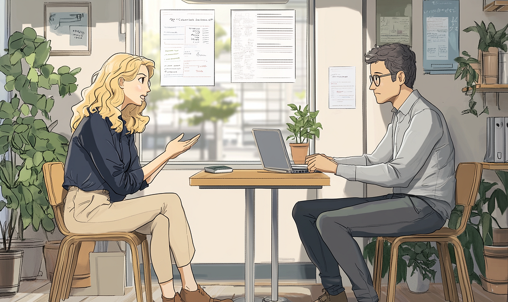 Two people seated across from each other at a small square table in a corporate office setting with a window looking out on trees and buildings in the background. One is a woman explaining and gesturing while the man sits with a laptop listening with a slightly discomforted expression.