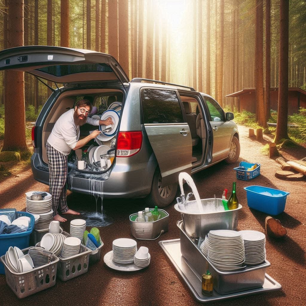 a minivan camper at a campsite with a sink washing dirty dishes