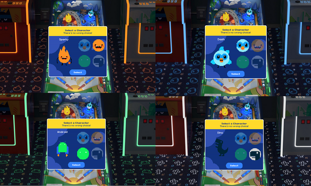 Displays the different I/O Pinball themes. The top left shows Sparky, carpet with prominent flame decorations and neon orange lighting. The top right shows Dash, a carpet with prominent egg decorations and neon blue lighting. The bottom left shows Android, carpet with prominent Android Jetpack decorations and neon green lighting. The bottom right shows Chrome Dino, carpet with prominent cactus decorations, and neon white lighting.