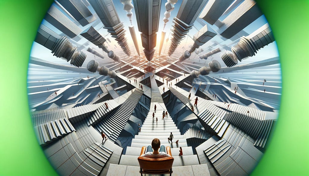 Here is a wide-angle image created using a three-point perspective, depicting a surreal VR landscape from the viewpoint of a person sitting in a chair. This environment features architecture, staircases, and platforms extending in various directions, including upwards and downwards, around the viewer. People move along these paths in different gravitational directions, creating a dynamic and complex environment. The three-point perspective adds dramatic depth and scale, effectively challenging t