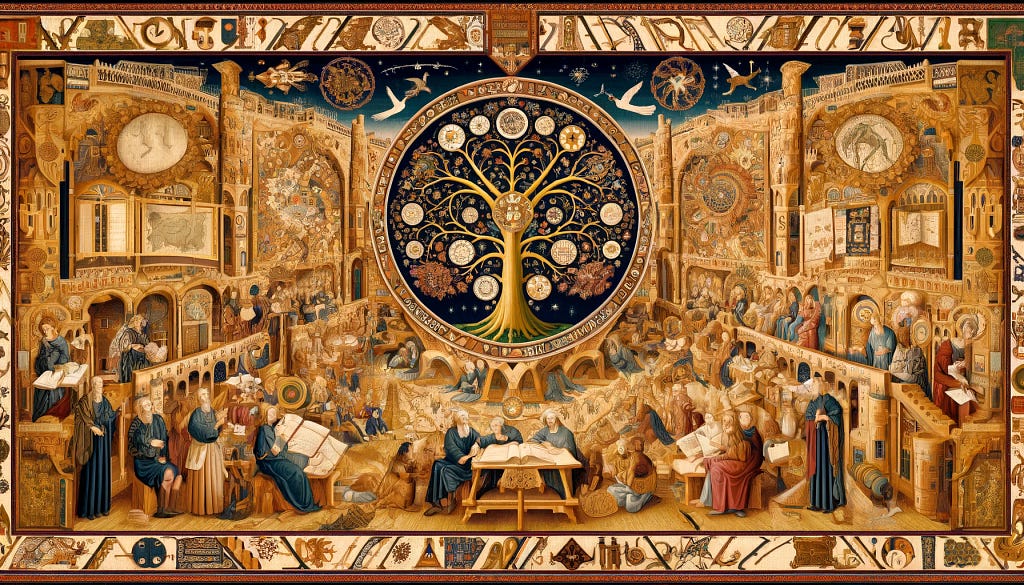 “Embracing the Graphical Tapestry of Data” in the style of Renaissance artwork, capturing the intricate relationship between ancient wisdom and the modern understanding of data within a grand library setting. Each image portrays scholars in deep discussion over various data visualizations, surrounded by the rich textures and light of a Renaissance environment