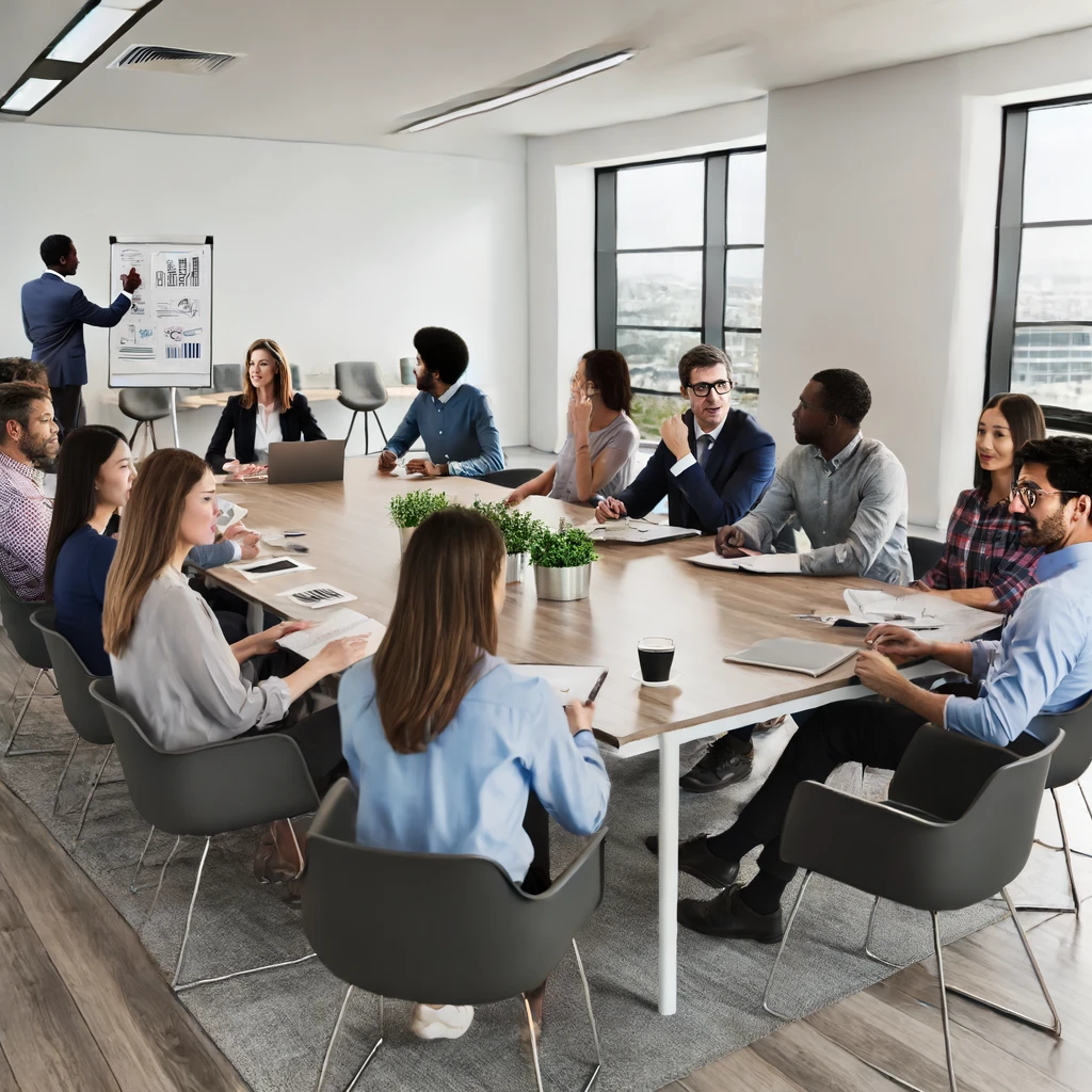 A group of people sitting around a table discussing in a modern office setting.