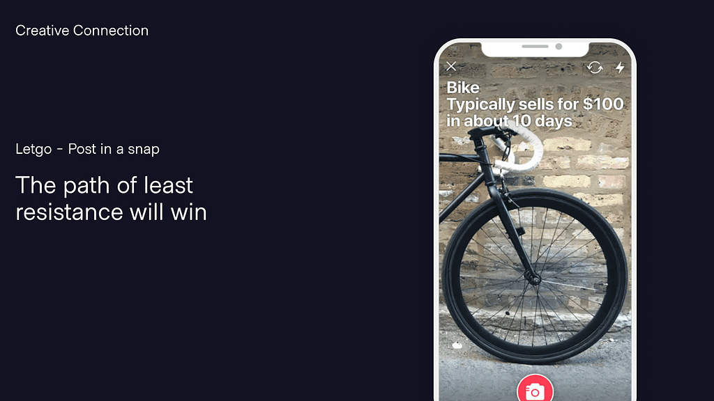 A slide with a mobile screen shot. The mobile is showing an app with the camera activated. There’s a bike in view with words overlaid reading “Bike, typically sells for $100 in about 10 days.” there is also a “Take photo” button.