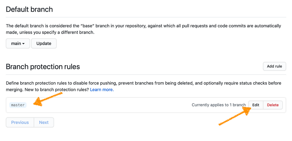 GitHub screenshot showing how to edit a branch protection rule to apply to a main branch