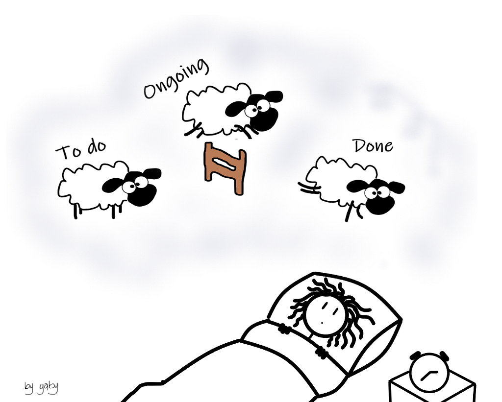 A woman tries to fall asleep by counting sheep as they jump over a fence, but she can’t because each sheep she sees represents a work-related task.