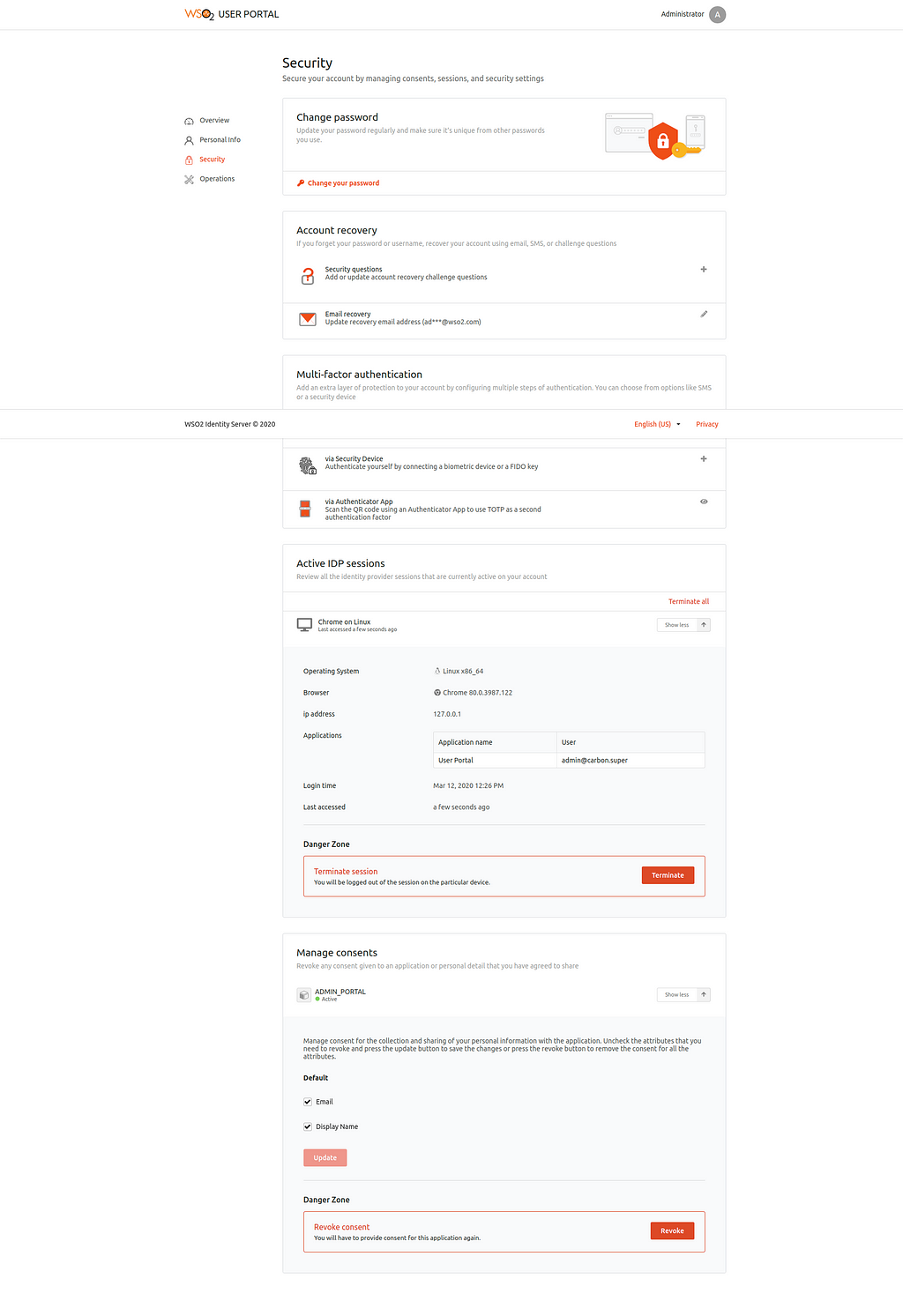 WSO2 Identity Server, User Portal / Sécurity