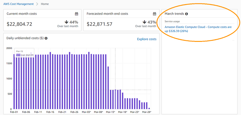 Cost Explorer dashboard with trends section highlighted