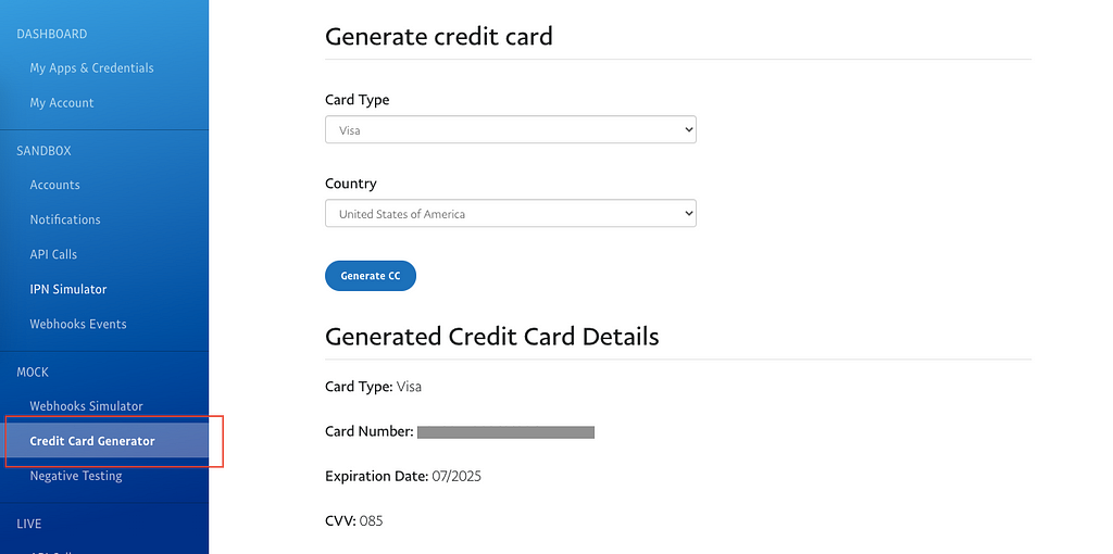 Generate a new sandbox credit card for PayPal payments