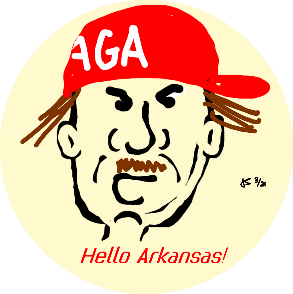 Face of red baseball hat wearing man declaring “Hello Arkansas!” Illustration by Jeff Stilwell.