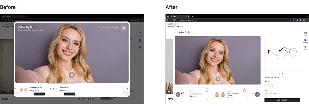 Before and After views of Virtual Try-On : PopUp vs Overlay.