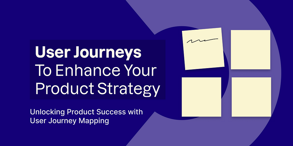 An abstract representation of post its with the text: User journeys to enhance your product strategy. Unlocking Product Success with user journey mapping”