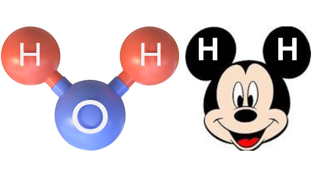 The water molecule (H₂O): The oxygen atom (larger sphere) forms the “head,” while the two hydrogen atoms (smaller spheres) extend like “ears. hydrogen bond of water.