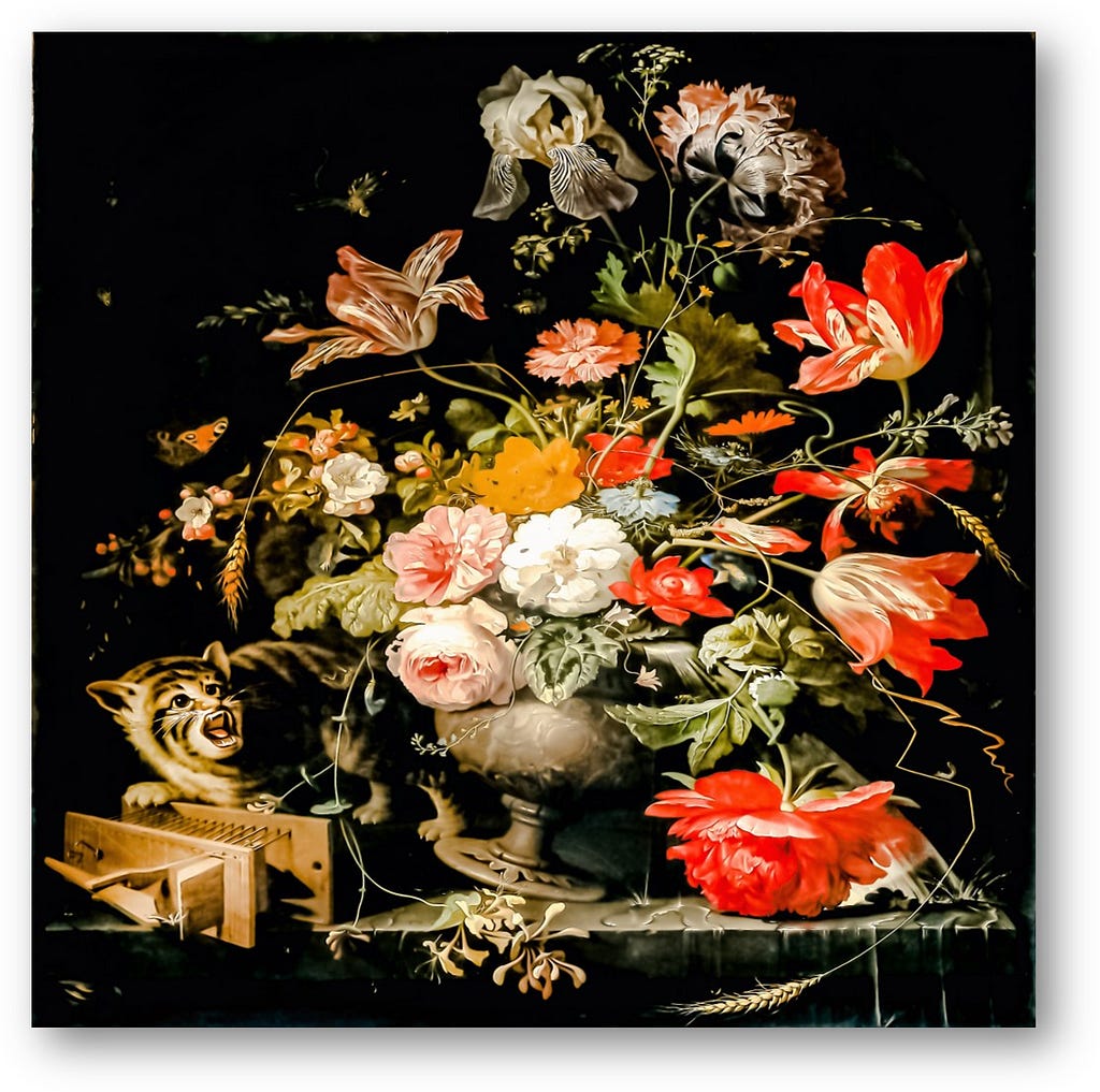 Get Your Own Token of History | Rare Vintage Art | Premium Collection| Flowers in a Vase, Rat-trap and The Cat (1660) originally available at Amsterdam, The State Museum