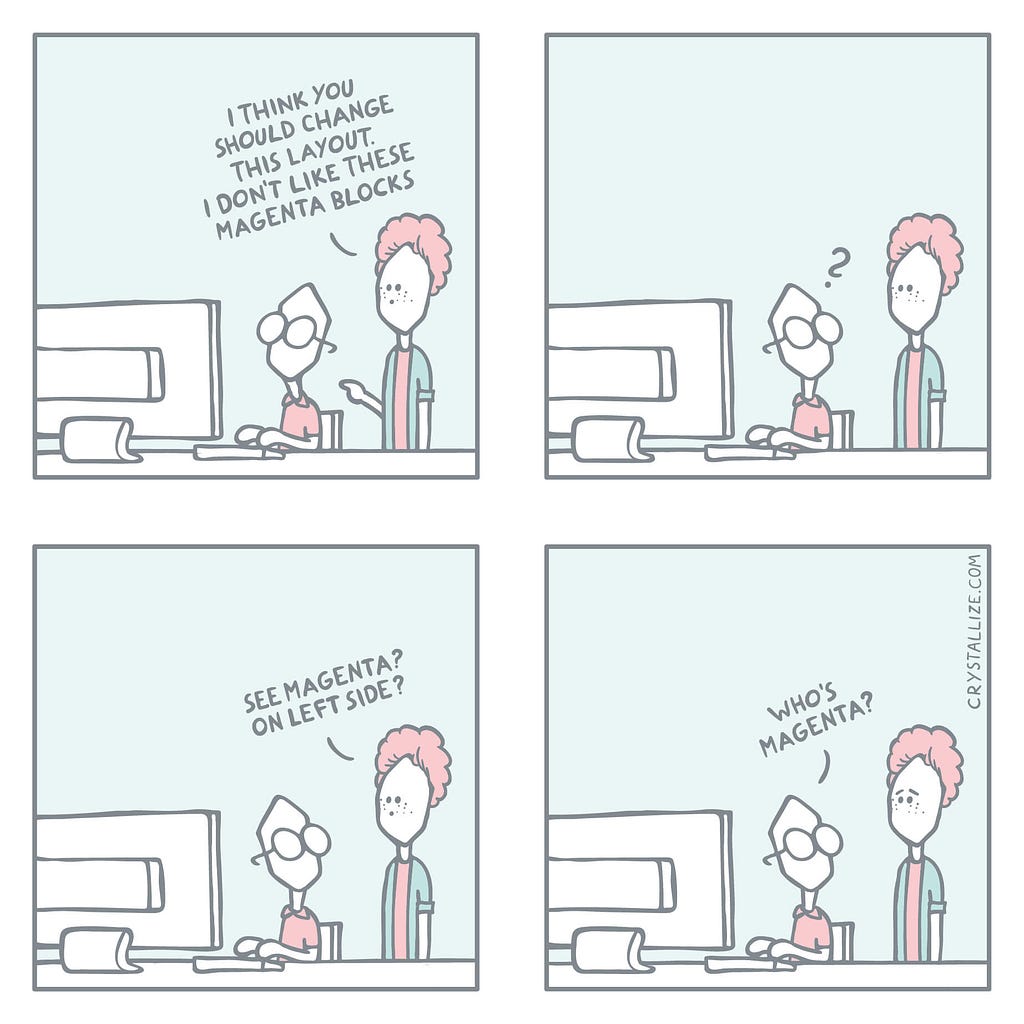 Comic strip featuring designer-developer relationship struggles.