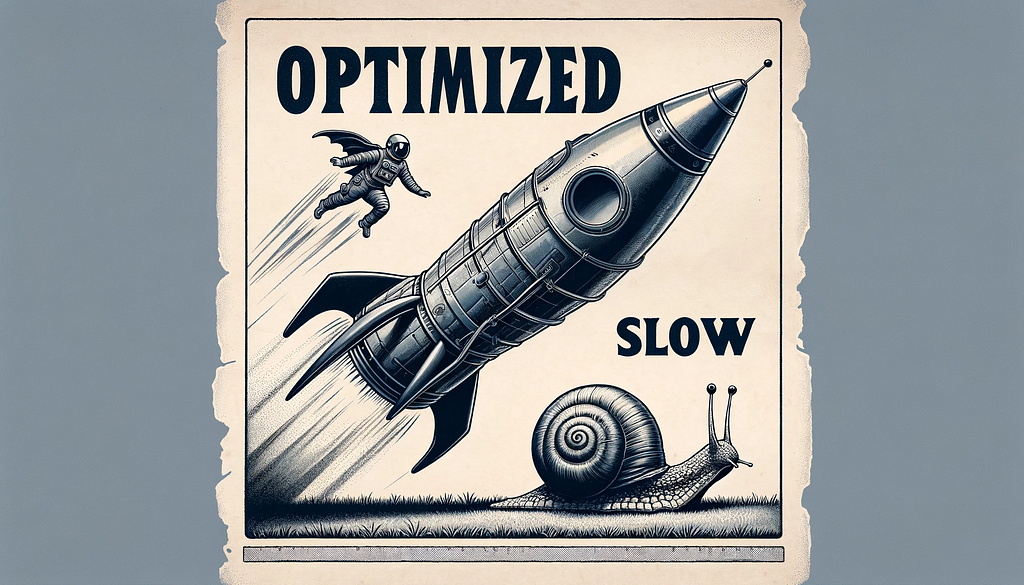 imagery of a sleek, futuristic rocket and a sluggish snail, with only two words prominently displayed: ‘OPTIMIZED’ above or beside the rocket, and ‘SLOW’ above or beside the snail. The rocket, symbolizing the efficiency and speed of optimized SQL queries, is depicted in a moment of dynamic ascent, while the snail, representing the delays caused by unoptimized queries