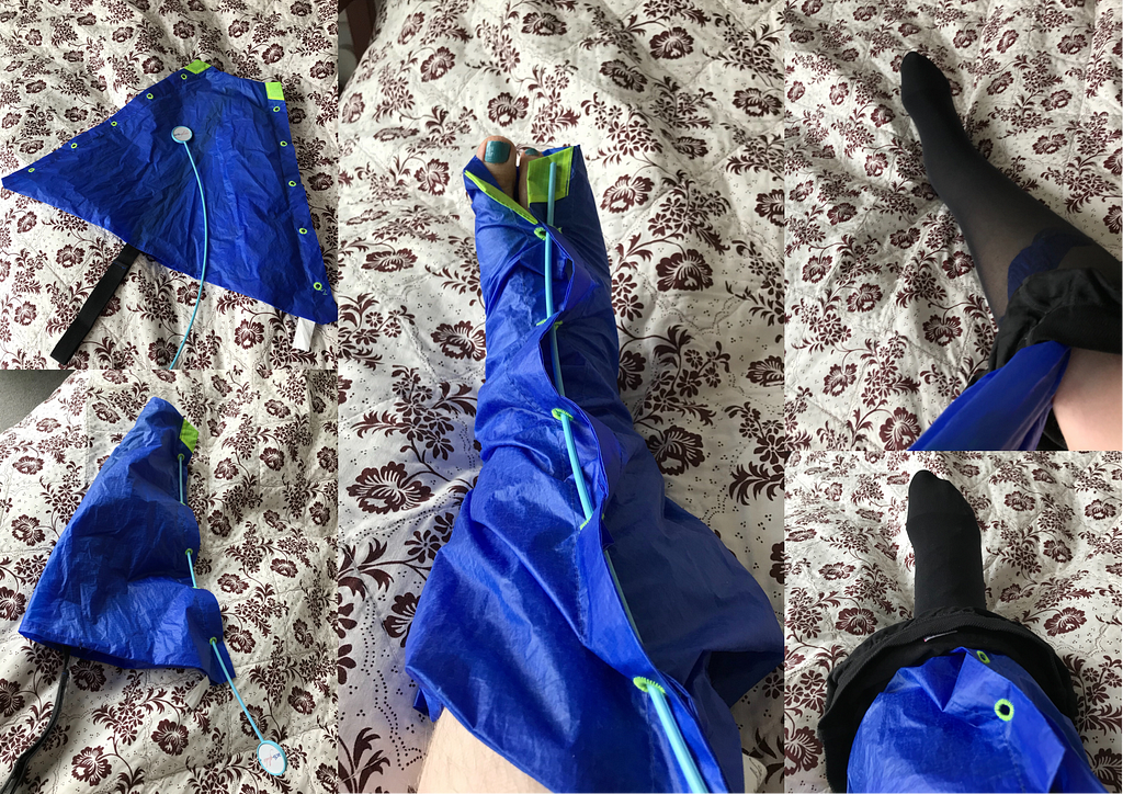 Five images showing how I put compression garments on my leg using a plastic applicator
