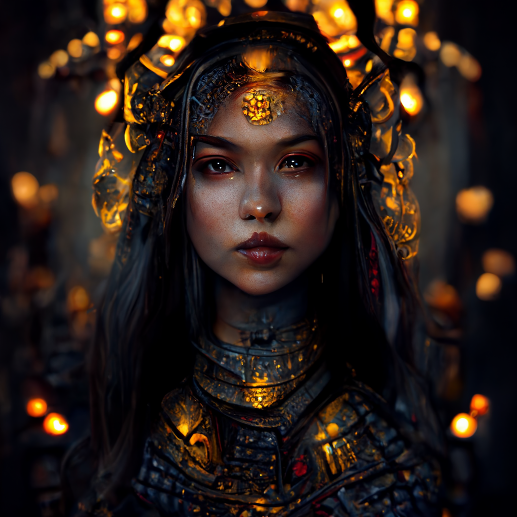 female warrior, finely detailed armor, long hair, ornate filigree metal design, brass, cinematic lighting, 4k, intricate details, ancient magical shrine, fire, World of warcraft