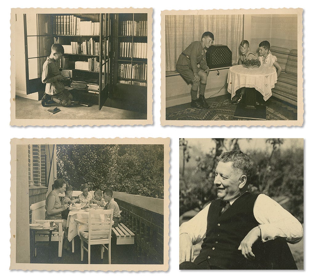 In photos clockwise from top left, a young boy sits by the open glass doors of a bookcase, reading. Three boys gather around a radio, listening. A middle-aged man wearing a white shirt, a dark vest, and a necktie sits and smiles in the sunshine. Two women and three boys dine on a balcony at a table covered with light-colored cloths.