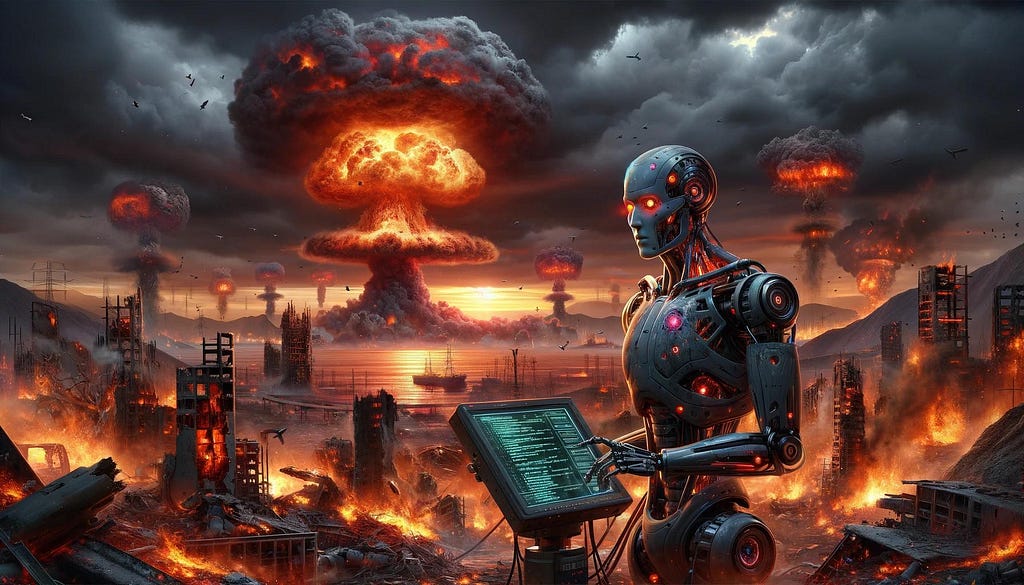 A rogue artificial intelligence destroys the planet.