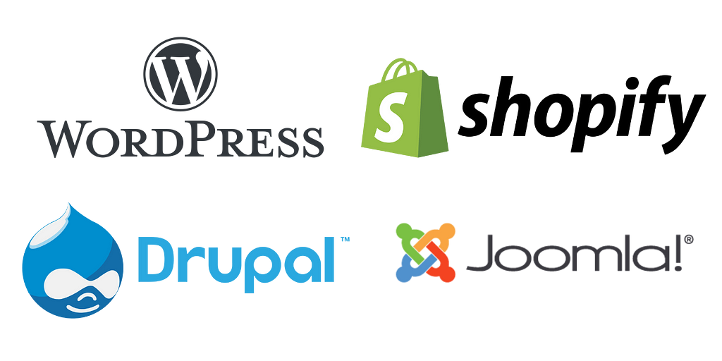 Collage of logos representing popular content management systems and e-commerce platforms: WordPress, Shopify, Drupal, and Joomla.