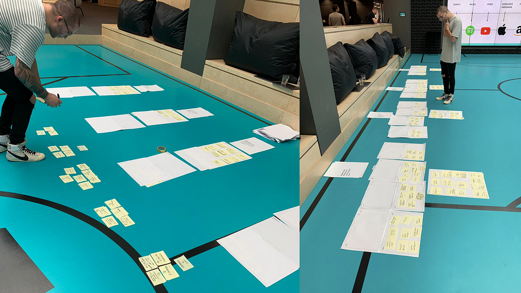 A person analysing a bunch of post-its, on the floor. Because why not.