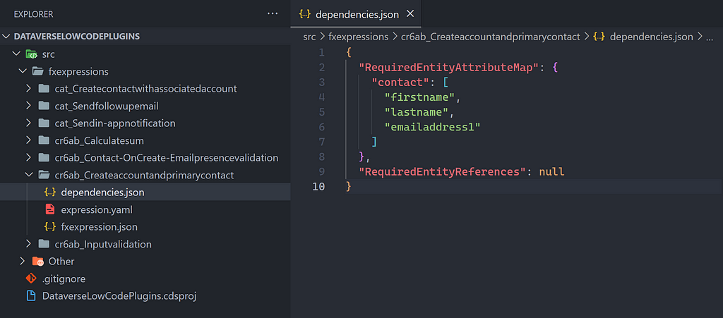 Example of the dependencies.json file of the FxExpression of a Dataverse low-code plug-in