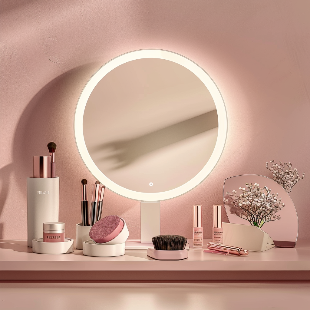 Vanity mirror, cool white lighting, round mirror in realistic hyper-detailed rendering style, light gray and dark gold, soft dreamy atmosphere, raw material, movie lighting, Korean wave, cute and dreamy