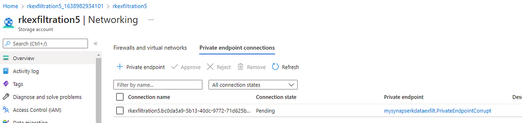 Screenshot of the approval page for Private Endpoints on Storage Accounts