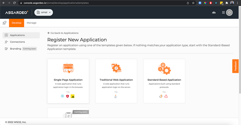 Registering a new application in Asgardeo