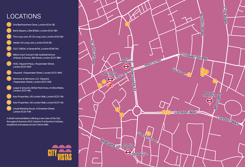 A map of the City of London, showing the 13 sites of the City Vistas project from the Culture Mile. Leaps & Grounds is hosting number 10, ‘Empathy Has No Borders’.