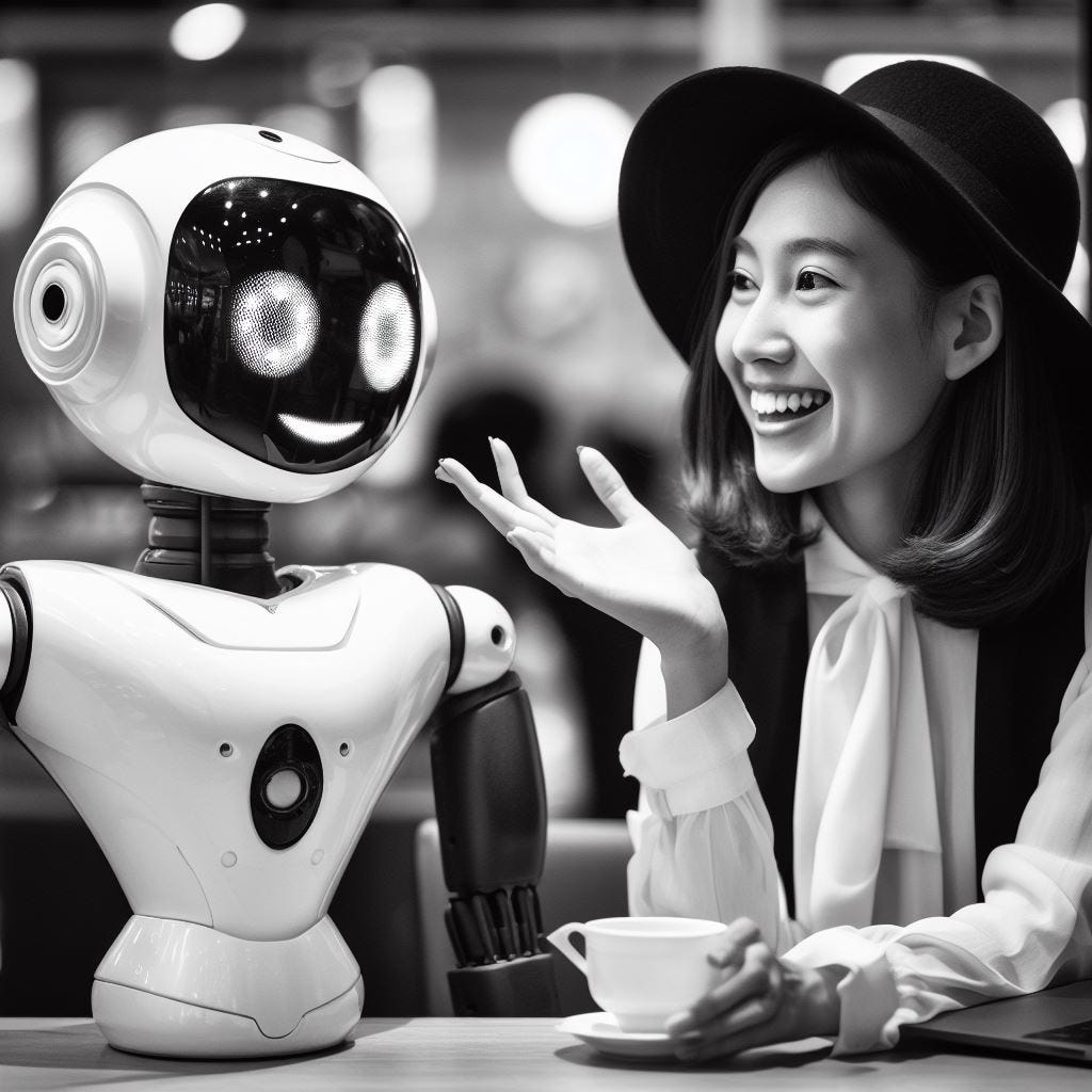 A woman smiling at a robot who also has a smile on its digital face