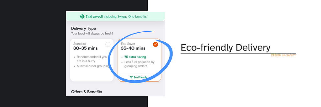 Screenshot of Swiggy’s app showing the eco-friendly delivery option.