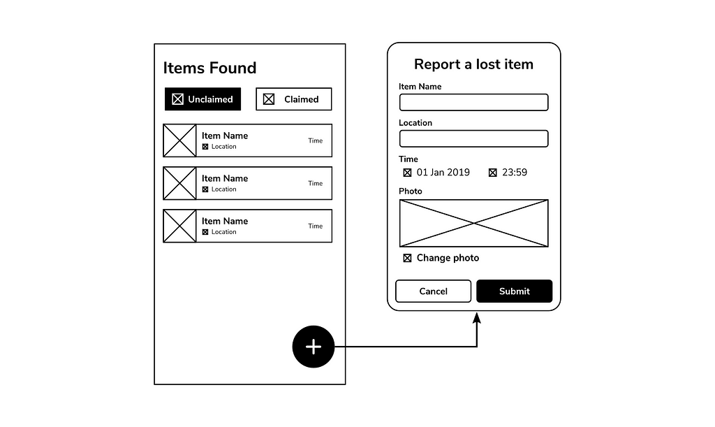Wireframe of reporting a lost item