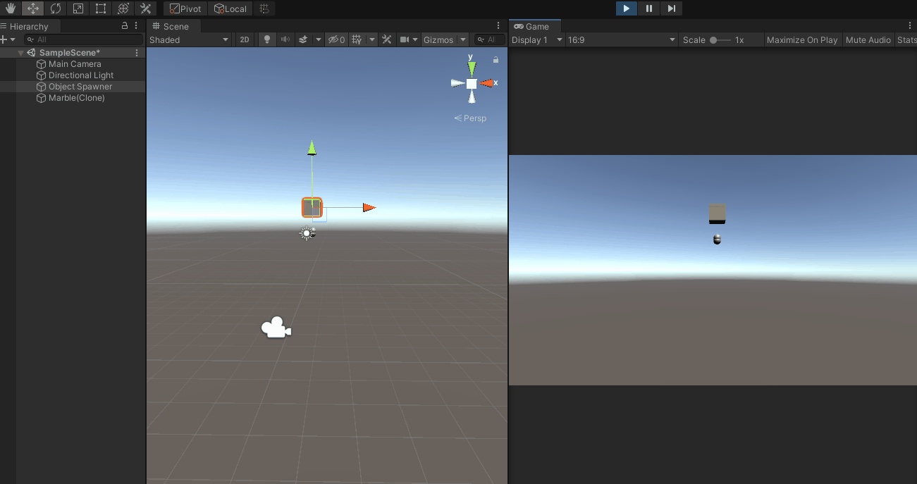 A unity 3d scene where a box spawns marbles falling