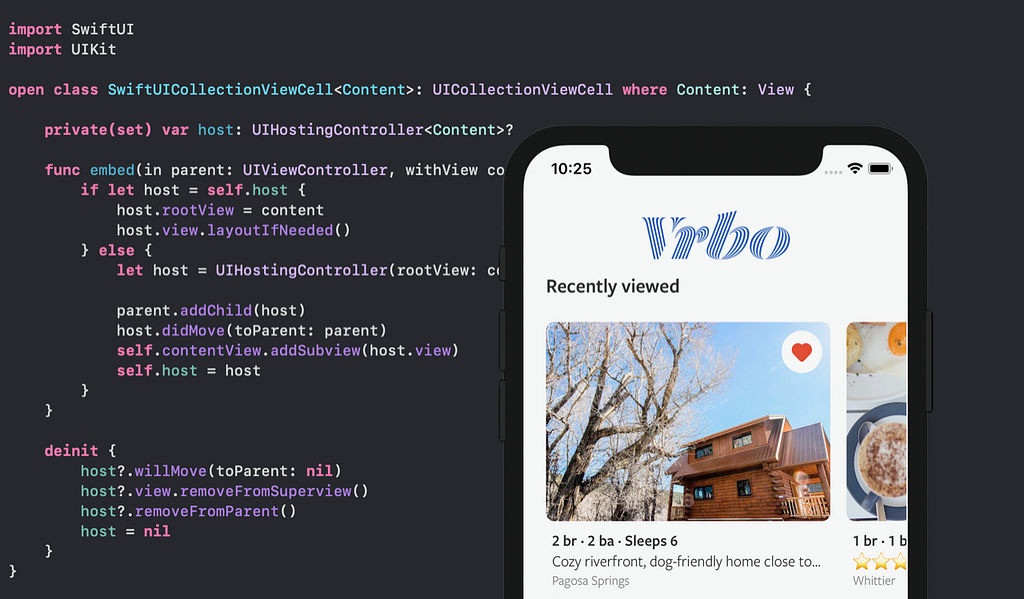 Image of a collection view on the Vrbo iOS app main screen overlay on a code snippet for a SwiftUICollectionViewCell class.