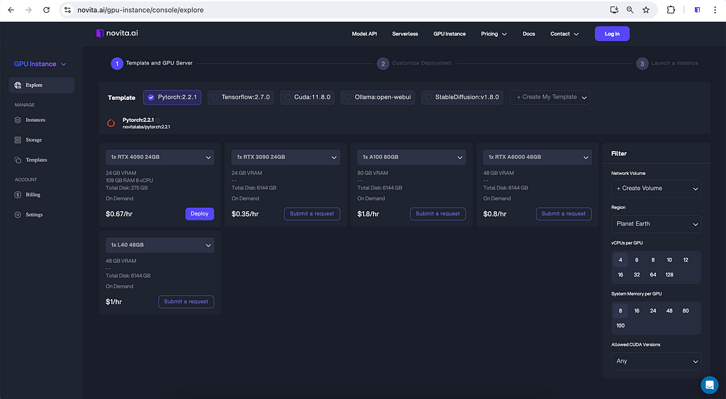 Novita AI GPU Instance Template and GPU Server