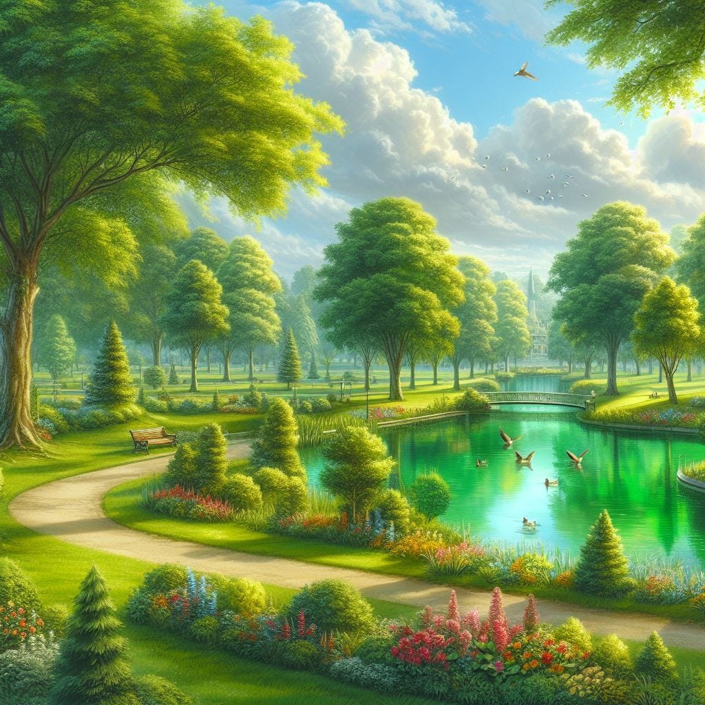 AI digital painting of a beautiful park with a lake and many trees.