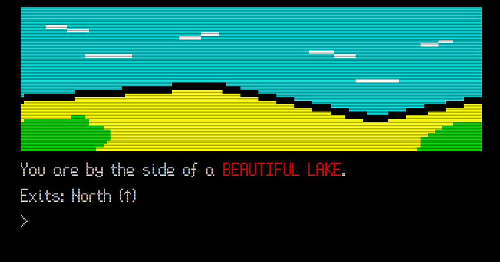 An image of a text adventure game, showing a location that describes a beautiful lake and an exit to the north.