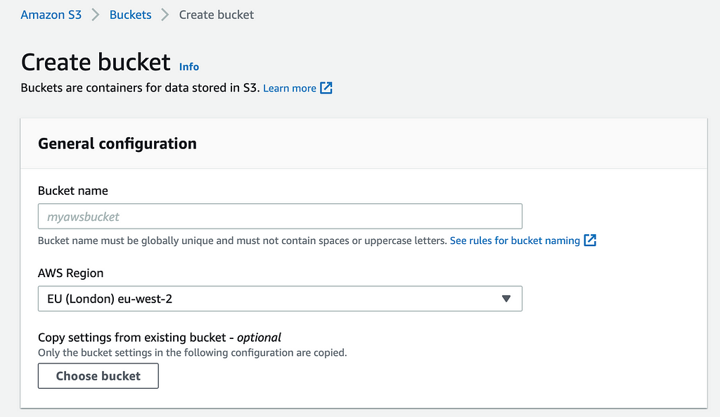 Screenshot of create AWS S3 bucket — General configuration.