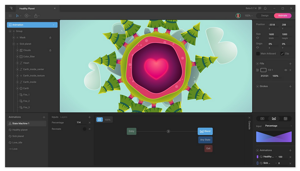 Uma captura de tela do Rive, uma ferramenta de design de animação criada no Flutter e que gera saídas que podem ser incorporadas a qualquer app Flutter.