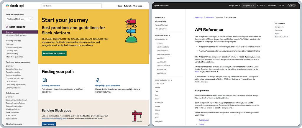 A composition of two screenshots of best practices, guidelines, and developer docs by Slack and Figma. The first screenshot shows Slack’s welcome page labeled “Start your journey”. The second one shows Figma’s tech docs, with the heading “API Reference”.
