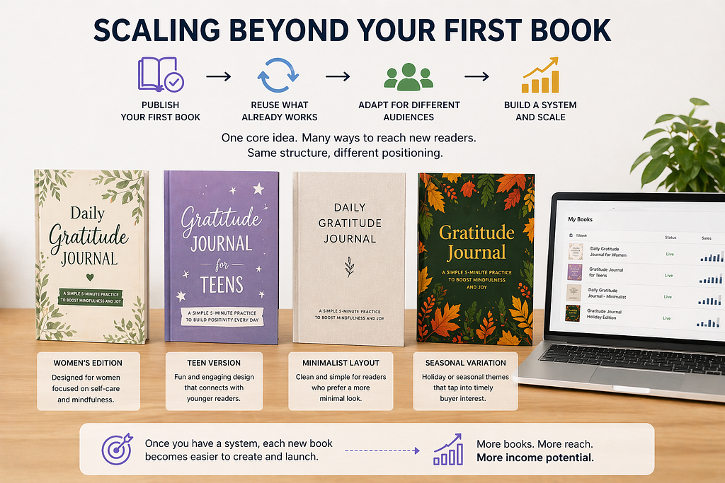 Multiple journal variations displayed beside a laptop, illustrating scaling a single book idea into different versions for new audiences.